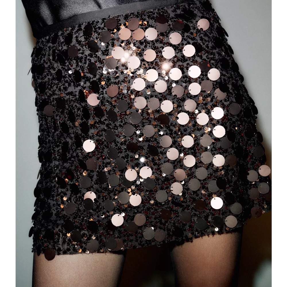 Zara  brown Sequin Mini Skirt size xl NWT - Picture 2 of 5